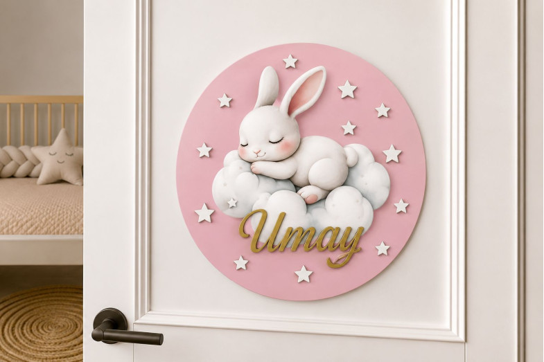 İsimli Tavşanlı Pembe Ahşap Kapı Süsü